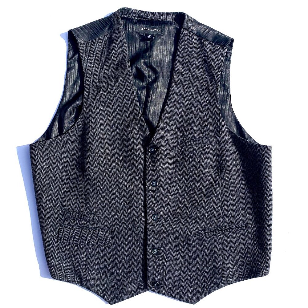 Men’s Big & Tall Tweed Vest Wool Herringbone Waistcoat, Gray 2XL